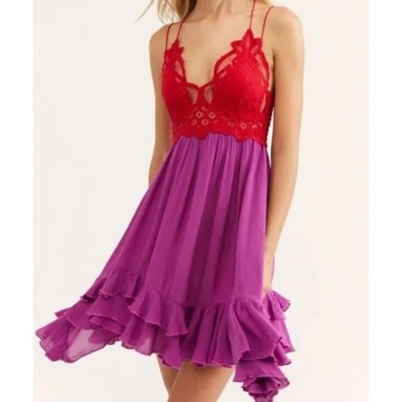 Free People Adella Lace Slip Dress in Lipstick purple and red lace Size small - Picture 2 of 15